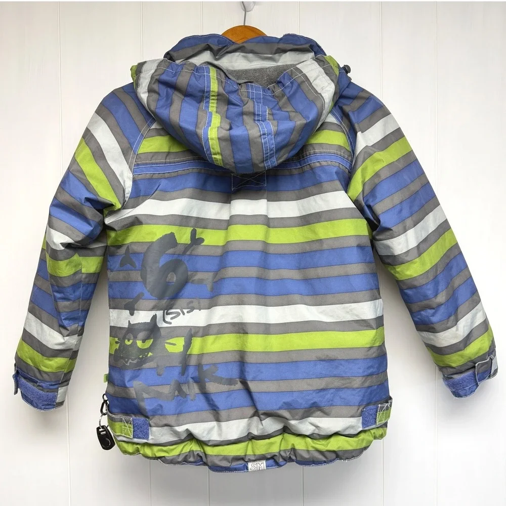 Souris Mini Boys Striped Hooded Winter Coat Blue Green Grey Fleece Lined Size 8